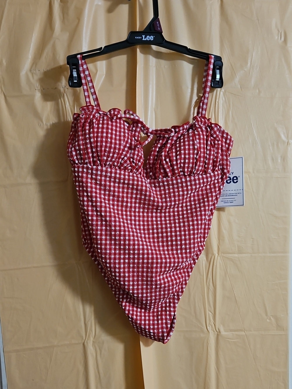 LEE X Kacey Lee Tie Neck Scoop Back One Piece Swimsuit: RED GINGHAM: NWT:S (4-6)